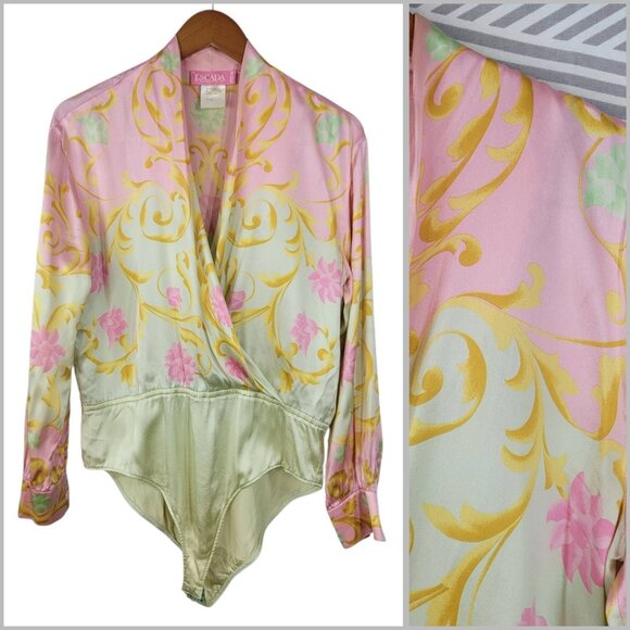 ESCADA Vintage 100% Silk Pink Green Gold Bodysuit Size Large 40 Wrap Top Royal - Picture 1 of 9